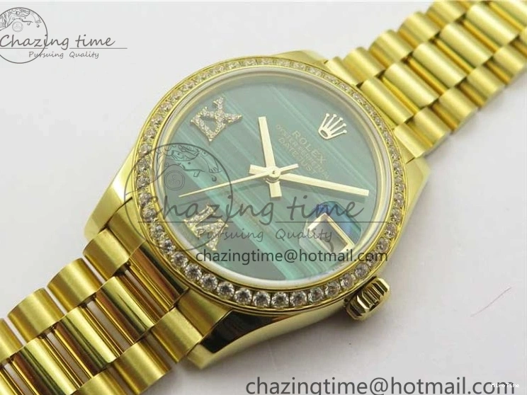 MiroTime 0408 Versatile Daydate 278288 31mm YG EWF Best Edition Green Malachite Dial Crystal Markers on YG President Bracelet ETA 2606